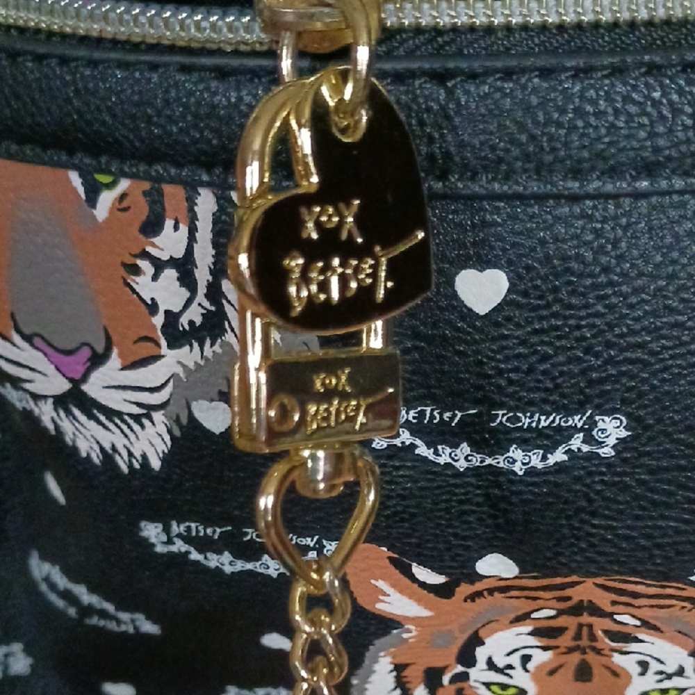 Betsey Johnson Black Tiger Print Faux Leather Backpack with Pom Pom - Picture 3 of 9
